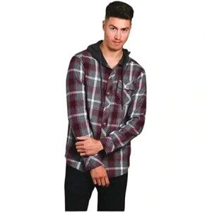 KOLBY Mens Flannel Shirt Button Up Shacket Hoodie Burgundy Grey Plaid Large
